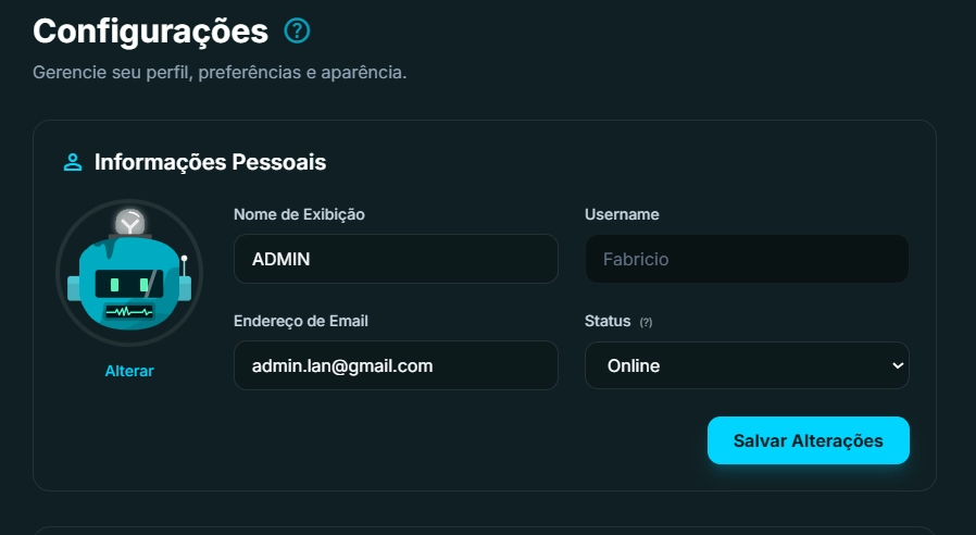 Interface principal do chat da Lanly com configurações e perfis de usuário